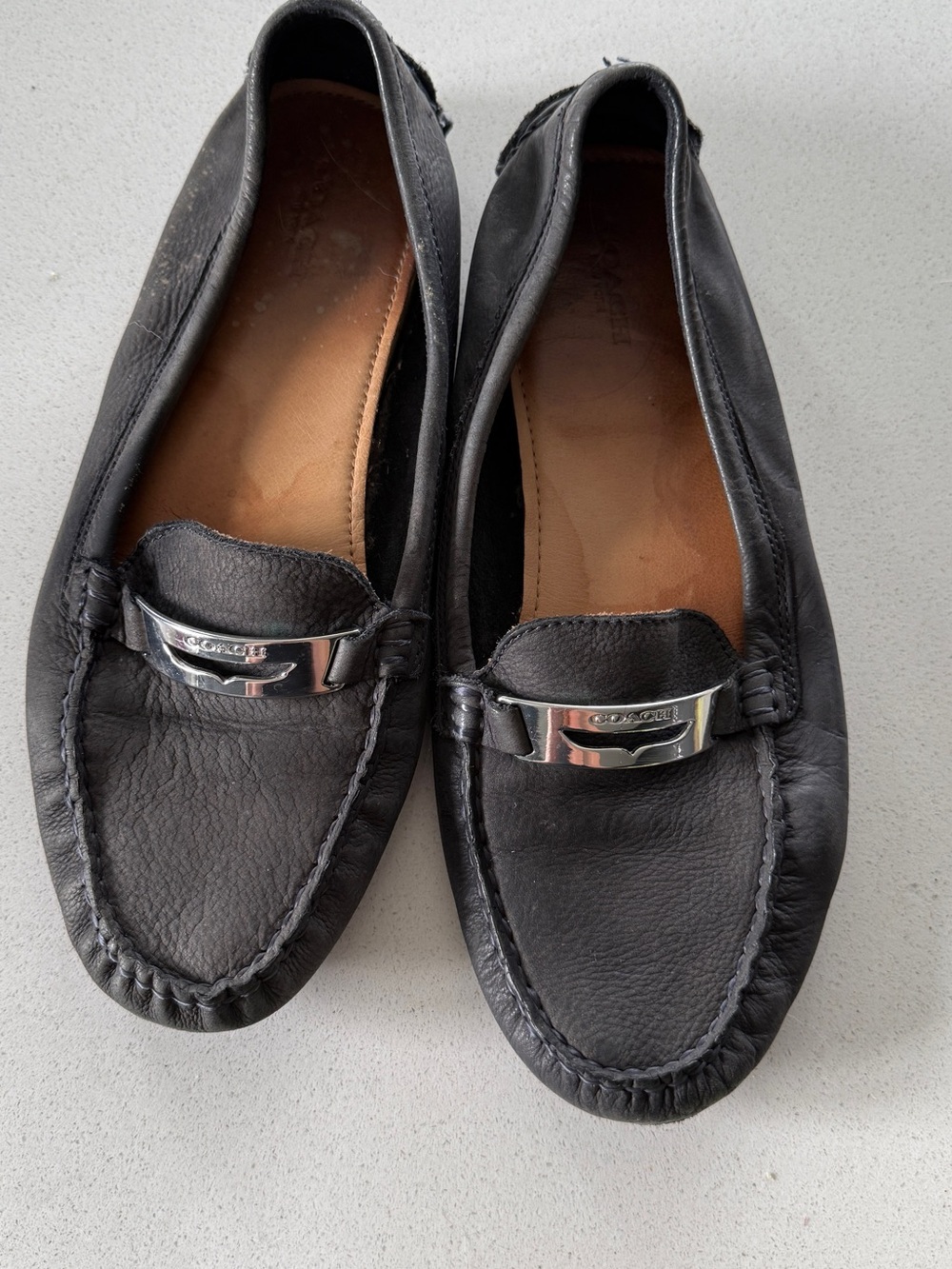 Coach Black Leather Women's Slip-On Loafers with Silver Hardware
